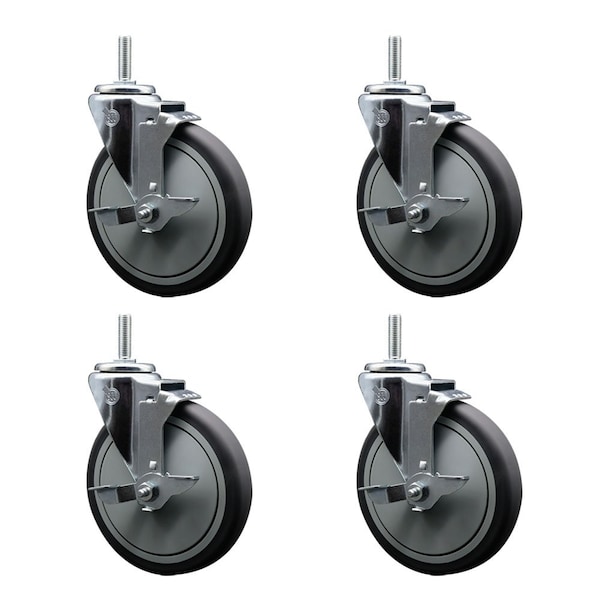 6 Inch Thermoplastic  Rubber Wheel Swivel 58 Inch Threaded Stem Caster Set with Brake SCC